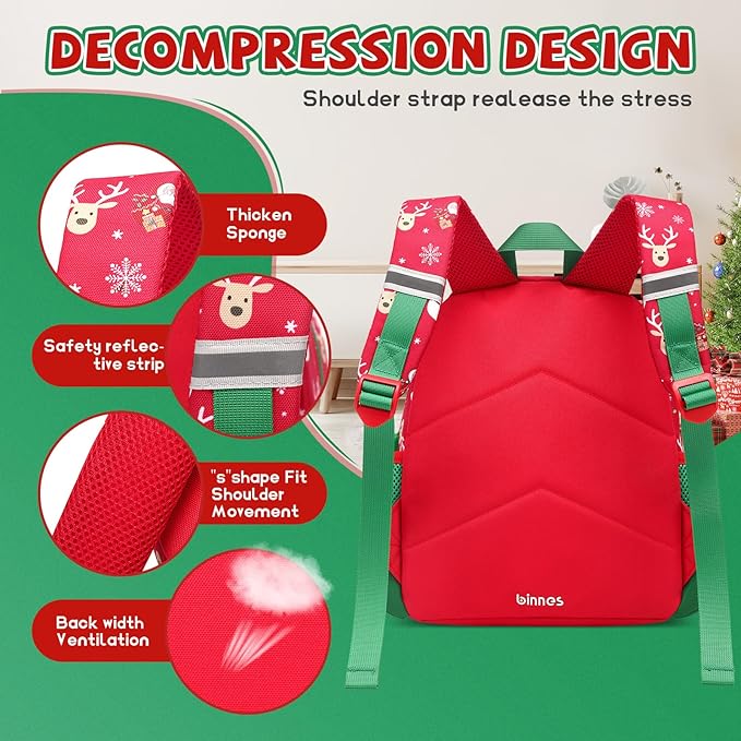 Kids Christmas Backpack Holiday School Bag with Santa & Reindeer Print, Lightweight Durable Bookbag with Plush Keychain Gift for Boys Girls