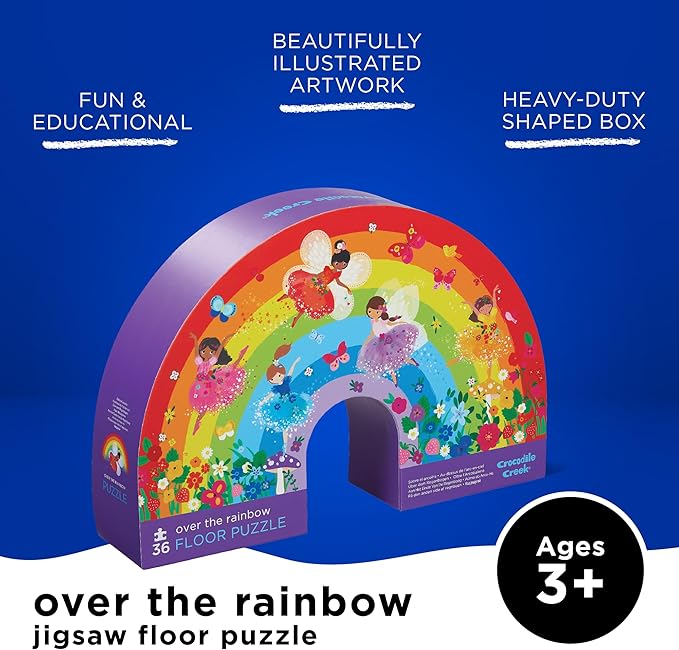 Crocodile Creek 36-Piece Jigsaw Floor Puzzle - Fun Floor Puzzles for Kids Ages 3-5 - Heavy-Duty Shaped Box for Storage - Over The Rainbow - 27" W x 20" H Finished