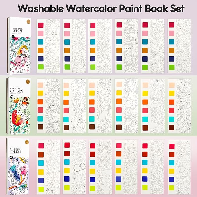 Watercolor Painting Coloring Books Arts & Crafts Kit, Pocket Watercolor Paint Bookmarks, Mess Free Paint with Water Set, Travel Activities Art Supplies Party Favors Exchange Birthday Gifts for Kids