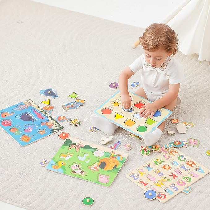 GRINNIE Wooden Toddler Puzzle for 3 4 5 Years Old, Preschool 4 PCS Learning Toy Ages 2-4 Kid Puzzles (ABC, Shape, Farm and sea Animals), Educational Toy Gift for Girls Boys Birthday Christmas