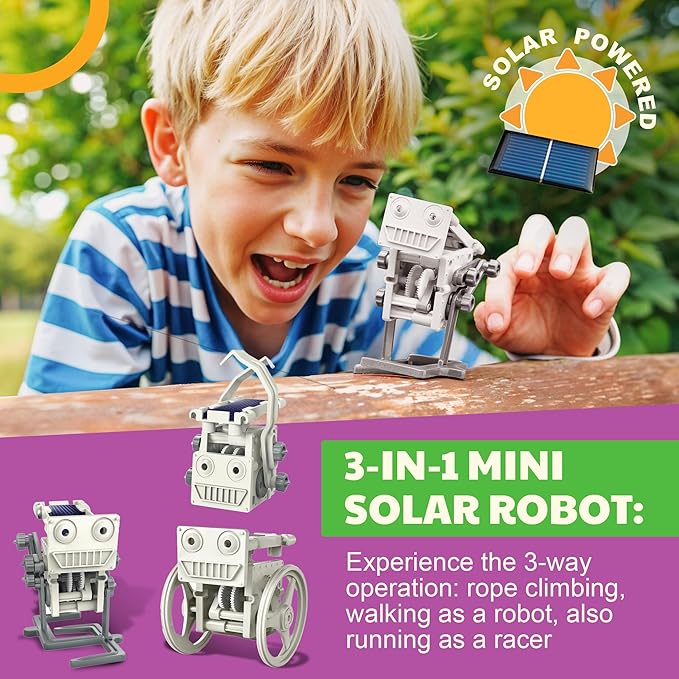 Green Science - 3-in-1 Mini Solar Robot Toys - STEM Toys Educational Kit for Kids - Solar Powered Climbing, Walking & Running Robots - DIY Science Experiment Toy for Learning & Fun