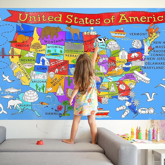 Gatherfun USA Coloring Activity - Large 31.5x 72 Educational Poster - Ideal for School Events & Birthday Parties, Multi-Use as Classroom Wall Décor or Table Cover