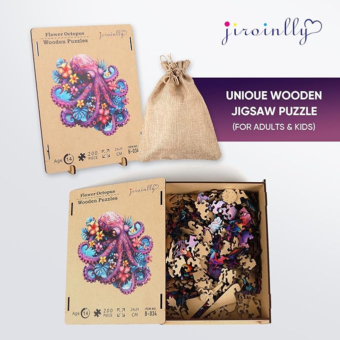 Octopus Wooden Puzzle for Adults, Ocean Jigsaw Puzzles 200 Piece, Unique Shapes Family Reunion Puzzle for Adults, Beautiful Package, Best Gift for Family Friends Medium 11.4x11.37in