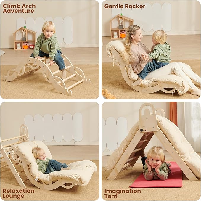 Pikler Triangle Set – 10 in 1 Foldable Montessori Indoor Climbing Toy with Yoga Mat & Cushion | Extra Large Wooden Play Set | Eco-Friendly | Ages 3+