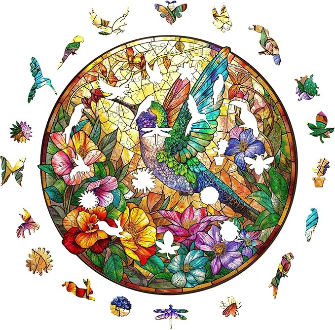 Wooden Puzzle for Adults, Stained Glass Hummingbird Puzzle, Unique Animal Shape Puzzles, Wooden Jigsaw Puzzles for Adults, Thanksgiving for Family Friend (S-8.5 * 8.5in-100psc)