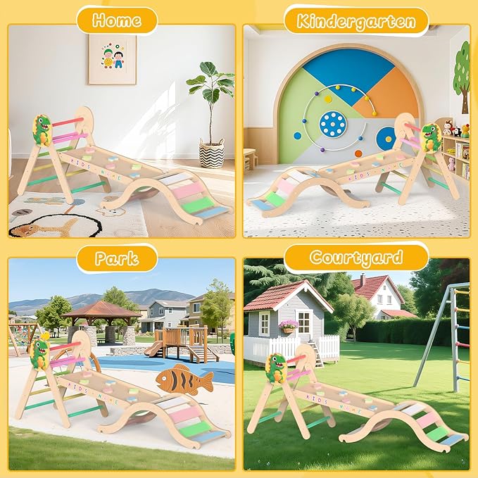 Acenova Pikler Triangle Climbing Set with Cushion and DIY Name Stickers, Montessori Wooden Climbing Gym for Toddlers 1-3, Indoor Jungle Gym, Dinosaur Pikler Triangle Arch Ramp Climber Toy