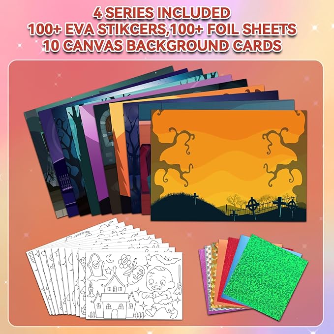 Halloween Crafts for Kids Foil Art No Mess Foil Craft Toy for Kids Ages 4 5 6 7 8 9 10, DIY Activity Kit with Spooky Ghosts, Pumpkins & Bats,Halloween Party Favors Toys & Games for Boys and Girls