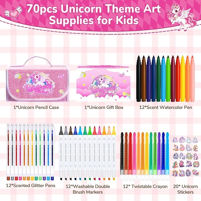 70PCS Unicorn Washable Markers Set with Glitter Pencil Case,Art Supplies for Kids Ages 4-6-8,Drawing Coloring Art Craft Kits for Girls with Marker,Glitter Pens,Crayon,Birthday Gifts Toys for Girls