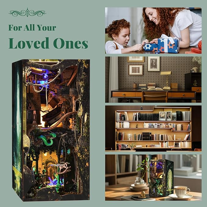 DIY Book Nook Kit for Adults, 3D Wooden Puzzle Bookend Bookshelf Insert Decor with LED Light and Dust Cover (Down The Rabbit-Hole Alice in Wonderland)