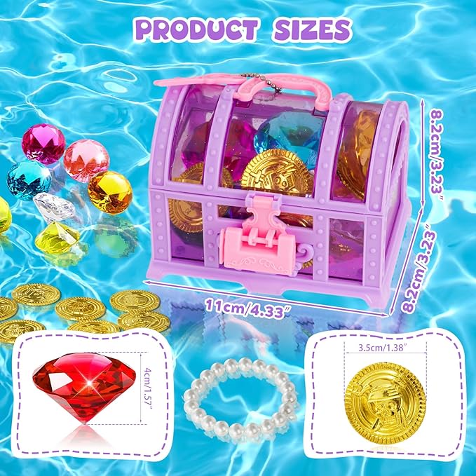Diving Gem Pool Toys Colourful Big Diamonds and Gold Coins with Pirate Treasure Chest Throwing Toys Water Toys Underwater Gems Swimming Training Gift for Kids Birthday Party Favor