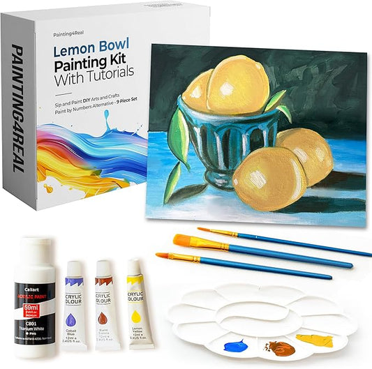 Painting4Real DIY Painting Class Kit for Adults with Video Tutorials: Learn to Paint Lemon Bowl – How to Paint with Acrylics – Painting & Art Supplies – 9 Piece Acrylic Paint Set
