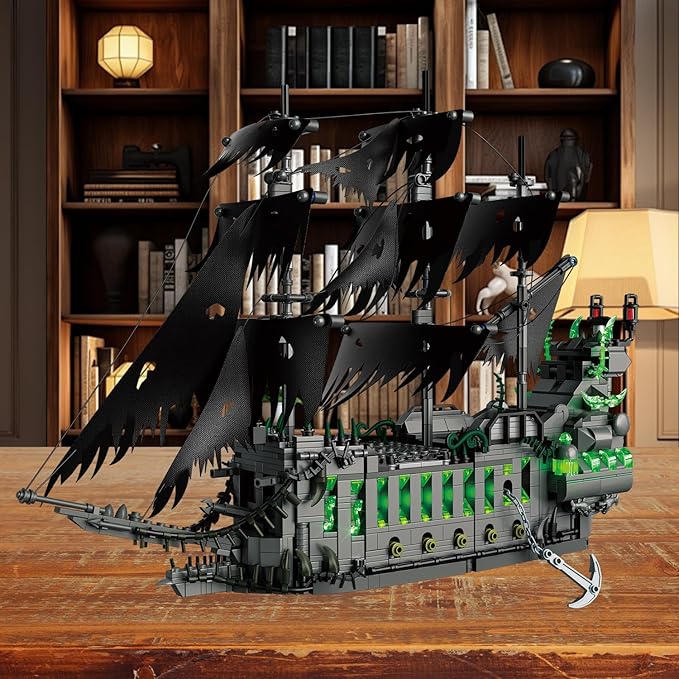 1573 Pcs Pirate Ship Building Set with LED Light,STEM Ghost Ship Flying Dutchman Building Toy,Model Boat Mini Brick Kit Home Office Decor,Halloween Easter Gift for Adults Boys Kids Ages 14+