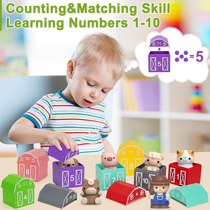 Learning Toys for 1,2,3 Year Old Toddlers, 20Pcs Farm Animals Barn Toy Montessori Counting, Matching & Sorting Fine Motor Games, Christmas Birthday Easter Gift for Baby Boys Girls Age 12-18 Months