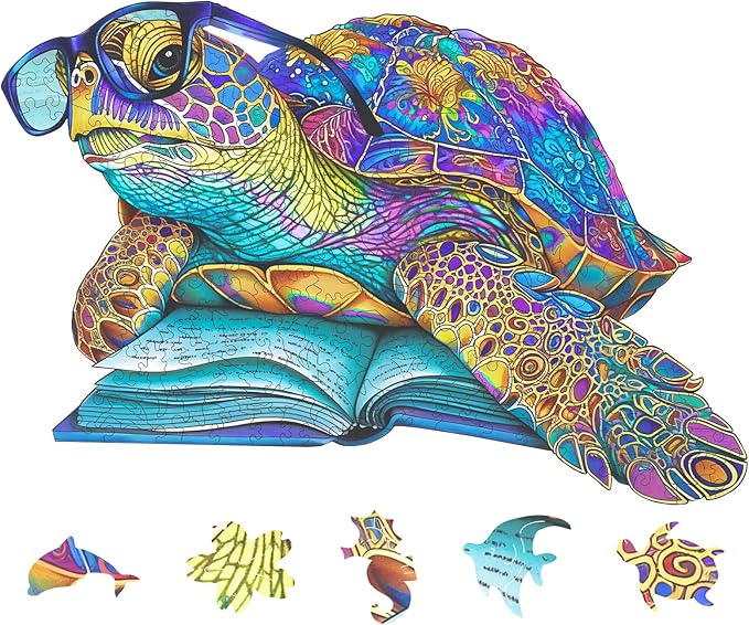 Wooden Puzzles for Adults, Spectacled Turtle Jigsaw Puzzles 200 Pieces, Unique Shape Animal Adult Puzzles, Wood Toys Puzzles Best Gift for Adults and Kids Family Brain Games 12.5x8.4 inch