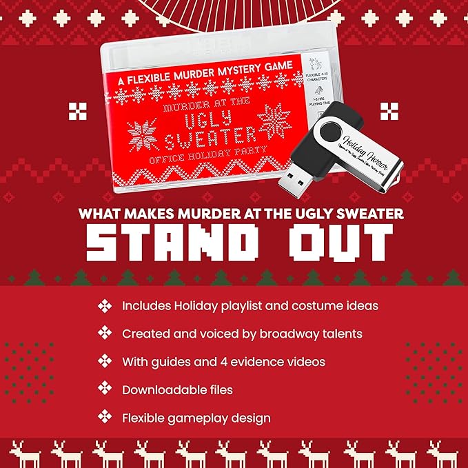 Broadway Murder Mysteries Murder at The Ugly Sweater Office Holiday Party for 3-20 Players | Play Multiple times in-Person/Virtually | Broadway-Themed Game Fun 13+ | USB Loaded: Printable Game Files
