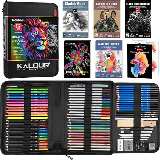 KALOUR PDAS 82 Drawing Set Sketching Kit, Art Set with Fluorescent, Colored, Watercolor, Metallic, Graphite, Charcoal Pencils, 5 Sketchbook and Coloring Book, Gift for Artists Adults Teens Beginner