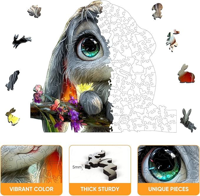 Wooden Puzzles for Adults,200 Pieces Wonderful Bunny Wood Puzzles for Adults and Kids,Unique Shaped Flower Rabbit Wooden Jigsaw Puzzles,Creative Christmas Bunny Gifts,11.2"x10.1"