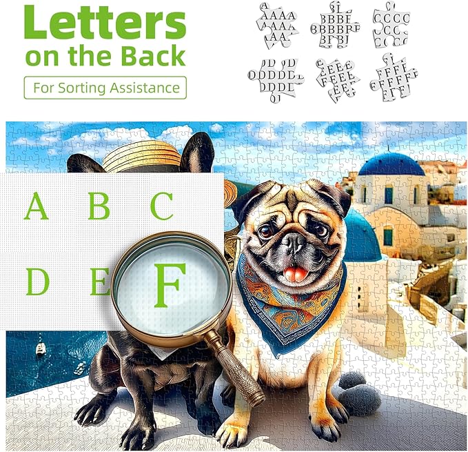 1000 Piece Jigsaw Puzzle for Adults Cute Fun Dog Vacation in Santorini Greece Scene Beautiful Landscape Puzzle Fun Bulldog Puzzle Games for Adults Night (70x50cm)
