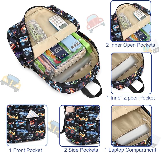 LEDAOU Kids School Backpack with Lunch Box for Boys Girls Kindergarten BookBag School Bag Preschool Toddler Backpack (Monster Truck Black)