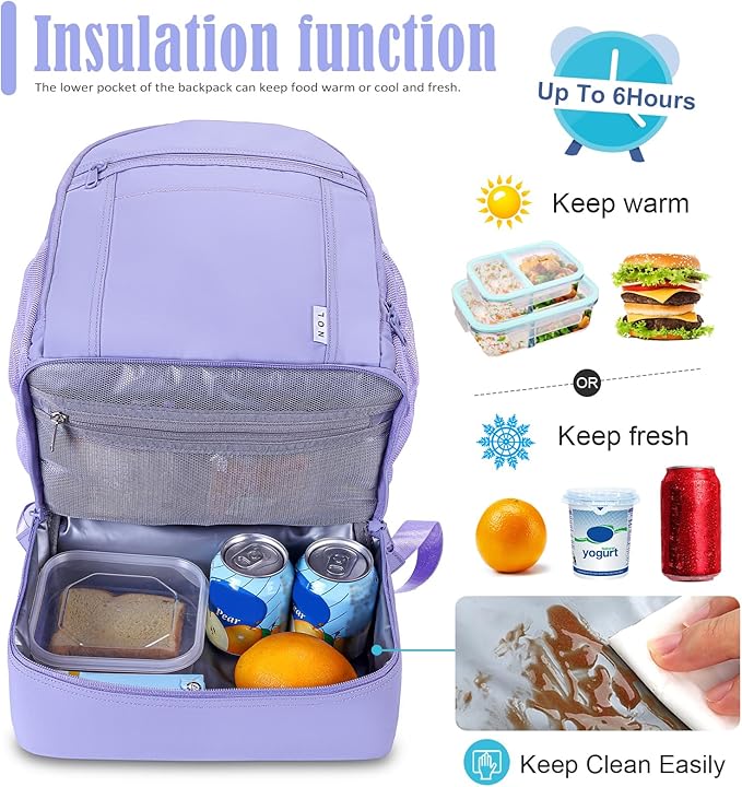 NOL Natural Organic Lifestyle Kids 2-in-1 Backpack & Insulated Lunch Bag-16"Multi-Functional Large Compartments Backpack for School & Travel, Double Deck,Water Resistant,Leak-proof,Padded-Light purple