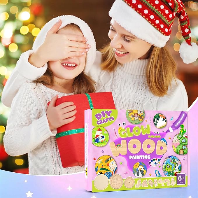 Wooden Painting Kit for Kids 6-12, Wood Slice DIY Craft Gift Set with Paints, Glues, Assorted Gems & Diamond Painting Tools, Creative Art Activity Supplies for Boys Girls