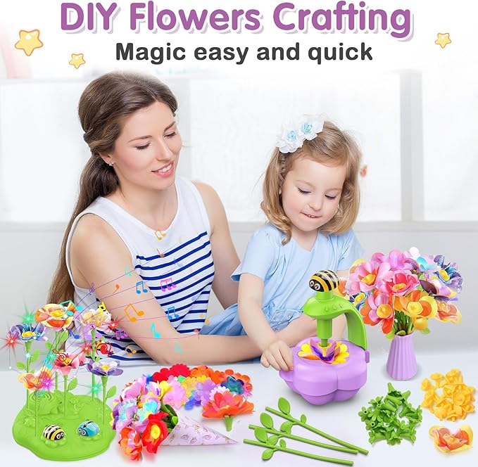 Fabric Flower Bouquets Toys with Music and Light, DIY Arts and Crafts Kit Toys for Kids Ages 4-8, Preschool Educational Activity Toy, Toddler Girls Christmas Birthday gifts for 4 5 6 7 8 Year Old Girl