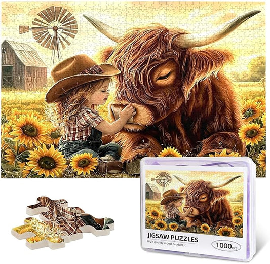 Cute Girl Highland Cattle Sunflower Jigsaw Puzzles 1000 Piece,Flowers Puzzle Nature Animal Flower Painting Jigsaw Puzzles 1000 Piece,Birthday Gifts for Adults and Family Game