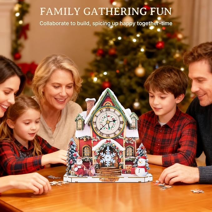 KAAYEE 3D Puzzle for Adult, Wooden Christmas Snow Cabin Pendulum Clock Puzzle Kit, 73 PCS DIY Vintage Wall Clock, Creative Craft Gift for Birthday Xmas Home Decor (Battery Not Included)