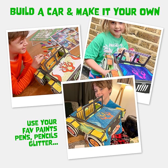 JUNKO DIY Toy Car Kit for Kids – Build, Color & Customize – Pull-Back Car – STEM Craft Project Ages 6–10 – Recycled, Reusable, Fun for Parent & Child