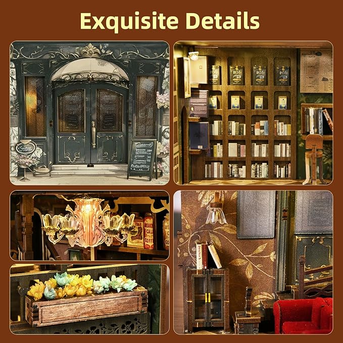 Book Nook Kit, DIY Doll House Booknook, Miniature Kit for Bookshelf Doll Houses for Adults Teen Halloween, 3D Wooden Puzzle Bookends with Led Light and Dust Cover (Saisons Café)