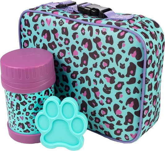 Bentology Kids Lunch Bag Set w Matching Reusable Food Jar & Hard Ice Pack- Cheetah- Insulated Tote, Stainless Steel thermos & Freezer Pack to Keeps Food Fresh for Hours- Back to School Lunch Box Kits