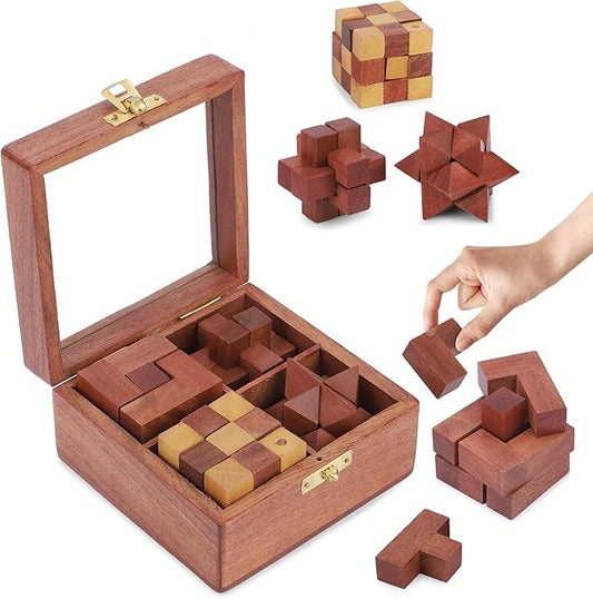 Ajuny Wooden Puzzles Box Set (4 Games) Brain Teaser for Teens & Adults, IQ Test Interlocking 3D Puzzles, Handcrafted Rustic Patio Decor, Unique Gift for Christmas and Birthdays