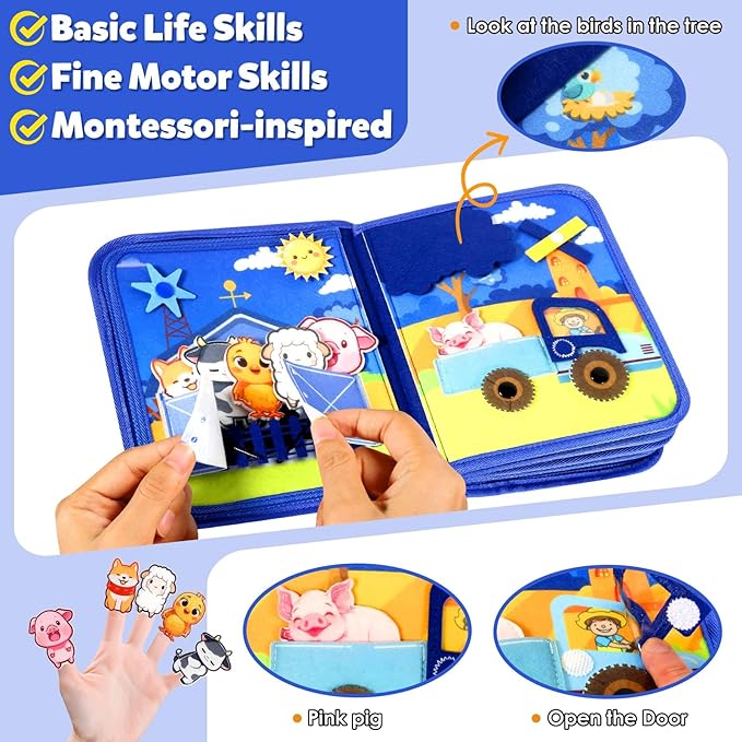 Montessori Busy Book for Toddlers 1-3, Busy Board Montessori Toys for 1 Year Old Boy Birthday Gifts, Educational Learning Sensory Activity Books, Quiet Book Travel Toys for Airplane Car