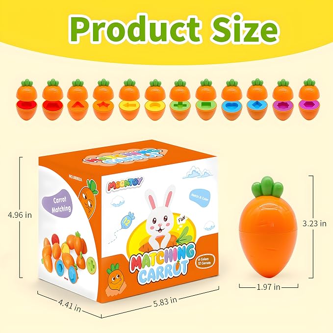 MOONTOY 12PCS Toddler Carrot Matching Eggs Easter Toys for 1 2 3 Year Old Party Favors Educational Shape Sorter Montessori Sensory Preschool Classroom Easter Gifts for Kids Easter Basket Stuffers