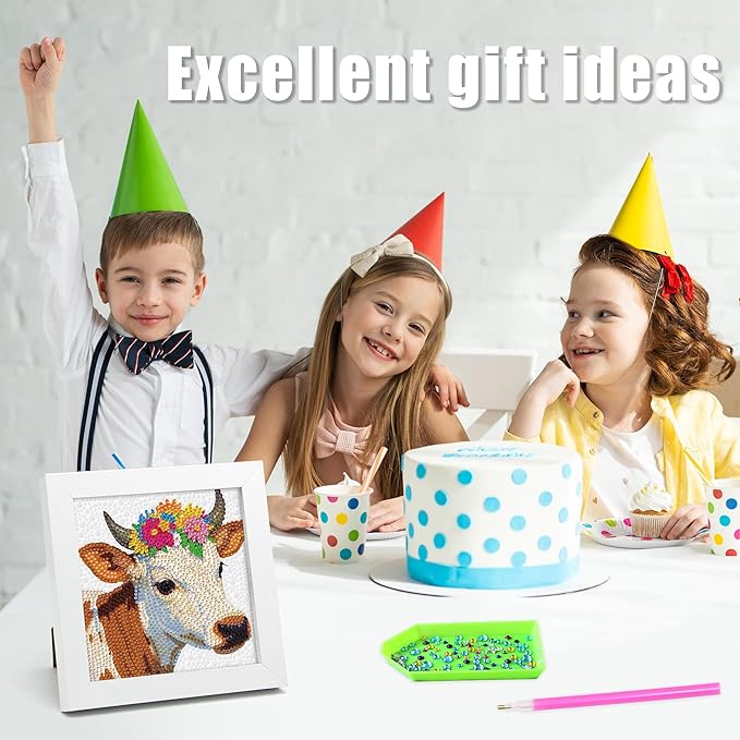 geesfayan Diamond Art Kits for Kids Ages 8-12,6 Inch DIY Gem Art Painting with 7 Inch Frame, Complete Starter Kit for Beginners, Creative Arts & Crafts Gift for Girls & Boys (Cow)