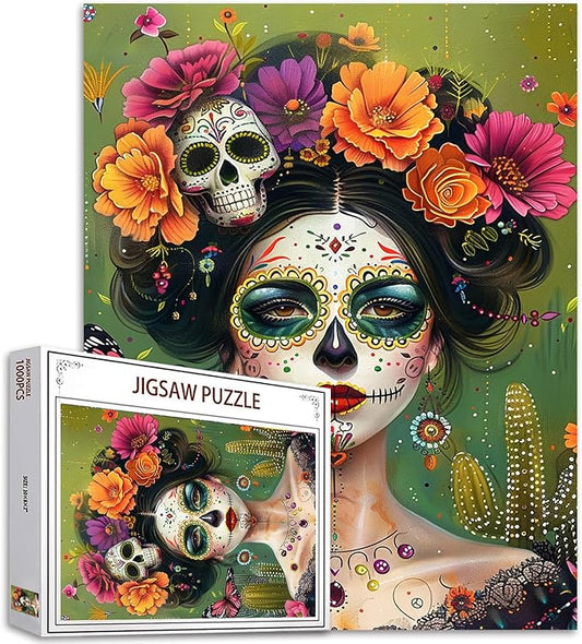 Tucocoo Day of The Dead Female Jigsaw Puzzles for Adults 1000 Pieces, Flowers Skull Girl Portrait Art Puzzle Colorful DIY Craft Puzzles for Home Decoration Gift, Family Puzzle Perfect for Game Nights