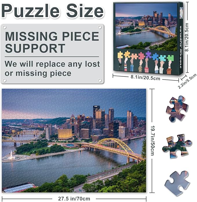 1000 Piece Puzzle for Adults Pittsburgh Cityscape - Jigsaw Puzzles 1000 Pieces, Hard Difficult Challenging Puzzle Pennsylvania Skyline Theme (27.5"x19.7"), Family Game Night Gift & Home Decor