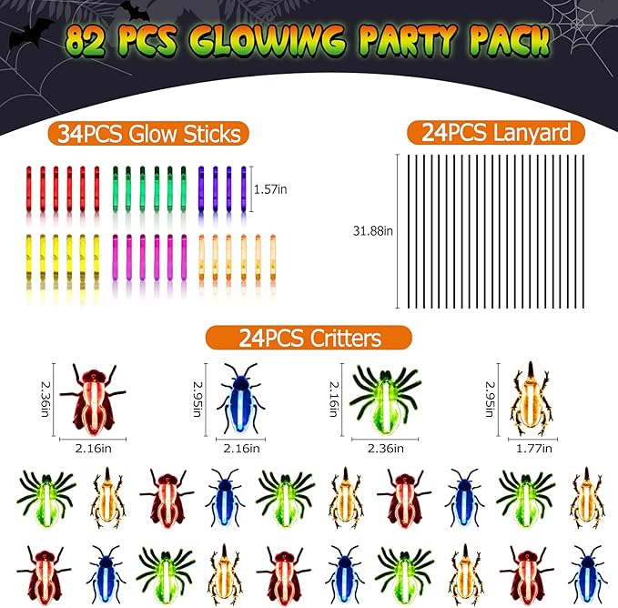 82 Pcs Glow Critters For Halloween Party Favor, Include Glow Bugs and Mini Glow Sticks, Glow in the Dark Party Toys Set for Kids, Trick or Treating Goodie Supplies, School Classroom Game Prizes