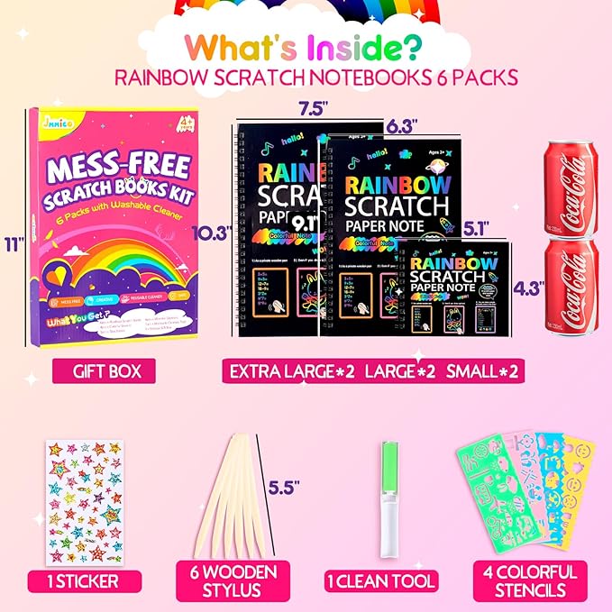6 Packs Rainbow Scratch Notebook, Scratch Art for Kids with Reusable Cleaner Tool, Mess-Free Crafts for Kids Ages 4-8, Travel, Party, Art Supplies, DIY Gifts for 4 5 6 7 8 9 Year Old Girl Boy