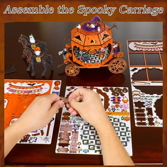 Halloween 3D Wooden Puzzles for Adults, 274 PCS Pumpkin Carriage Puzzle Kit Model with Lights, Music Box & Running Carriage, Boo Basket Stuffers Halloween Decor Indoor