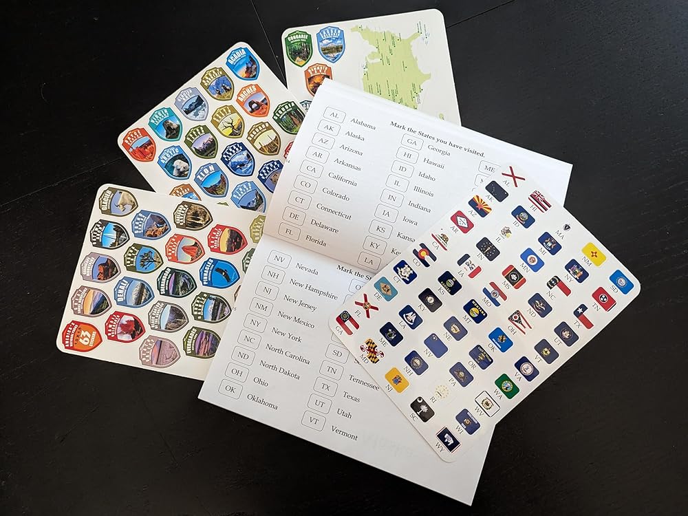 Adventures Go On. The BOOK is a guide to the National Parks of the United States of America with complete stickers for all 63 US National Parks. (Black/White Book)