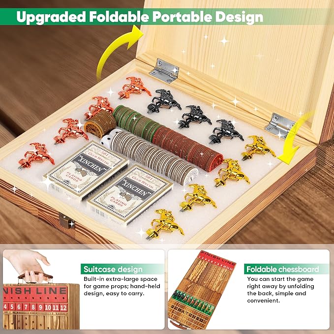 Large 22.8 inches Foldable Horse Race Board Game for Adults, Thickened Solid Wood with 11 Luxurious Durable Classic Metal Horses, 143 Chips, 2 Dice, 2 Boxes of Cards