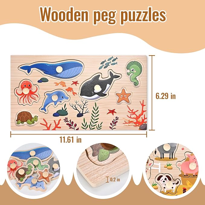 Wooden Peg Puzzles for Toddlers 1-3, 2 Pcs Montessori Educational Learning Puzzle Toy Sets - Animal & Sea Themes Puzzles, Great Preschool Gifts for Girls and Boys (6.29 * 11.61in)