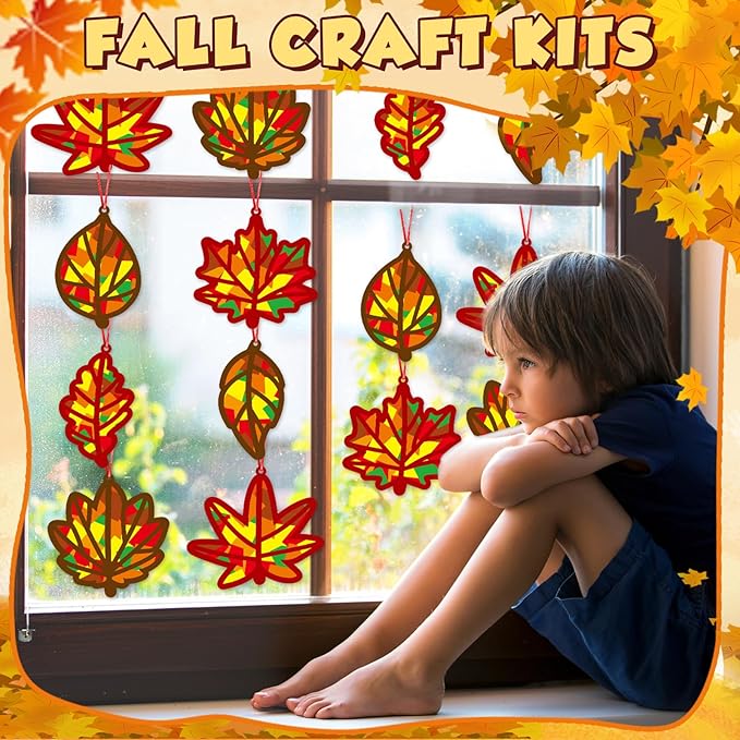 36 Set Fall Maple Leaves Suncatchers Crafts for Kids DIY Autumn Window Tissue Paper Crafts Kit Thanksgiving Maple Hanging Decor for Fall School Home Activity Art Project Birthday Party Favor Gift