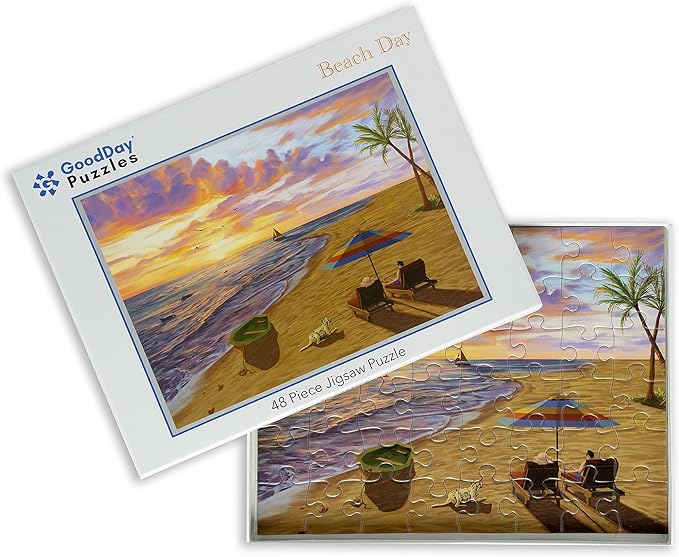 Large Piece Jigsaw Puzzle – Easy & Colorful, Dementia & Memory Activities for Seniors, Elderly Gifts, 48 Pieces, Beach Day