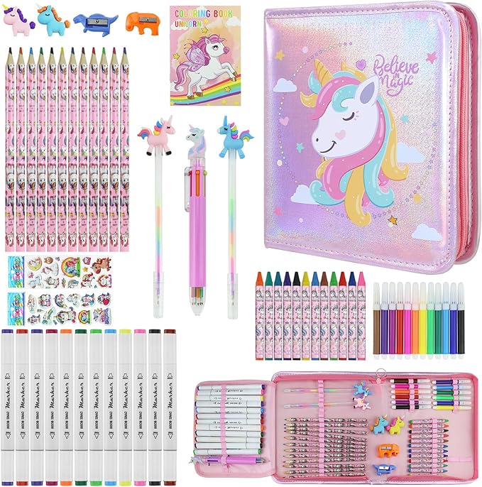 JAMIEWIN Markers Set with Glitter Unicorn Pencil Case, 59 Pcs Art and Craft Supplies Kit for Kids, Unicorn Gifts for Girls 4-9 Year Old for Christmas Birthday