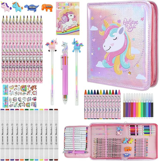 JAMIEWIN Markers Set with Glitter Unicorn Pencil Case, 59 Pcs Art and Craft Supplies Kit for Kids, Unicorn Gifts for Girls 4-9 Year Old for Christmas Birthday