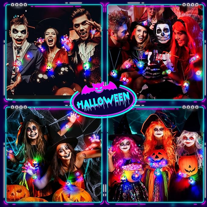 58 PCS Halloween Party Favors, Halloween Light Up Toys Kids' Party Favors, Glow in the Dark Toys - Necklaces, Rings, Bracelets, Brooches - Bulk Halloween Goodie Bag Fillers, Halloween Party Supplies