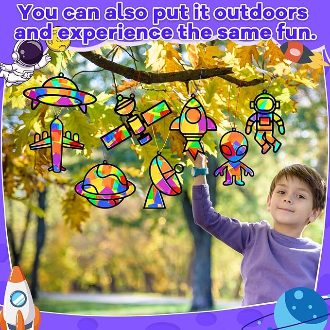 32 Sets Outer Space Suncatchers Craft Kit DIY Window Stained Glass Effect Planet Astronaut Alien Paper Crafts Home School Classroom Decoration Kid Birthday Gift Creative Art Project Activity Game
