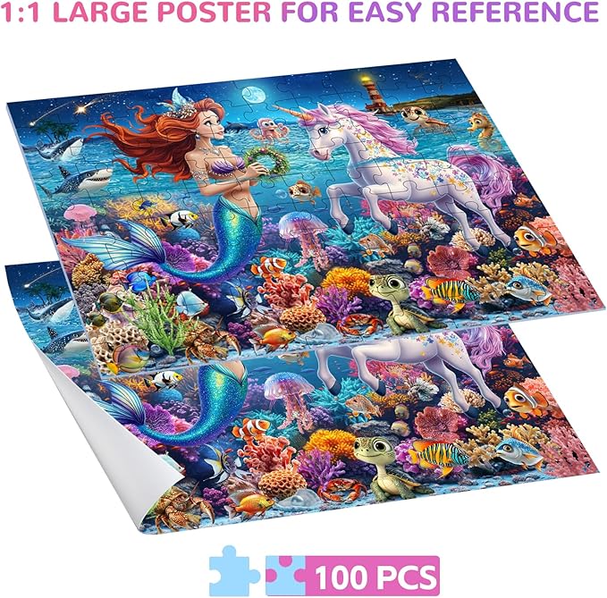 100 Piece Puzzles for Kids Ages 4-6-8, Mermaid and Unicorn Puzzles 100 Pieces for Kids, Underwater Scene Jigsaw Puzzle for Children Learning Educational Toys Gifts for Girls Boys